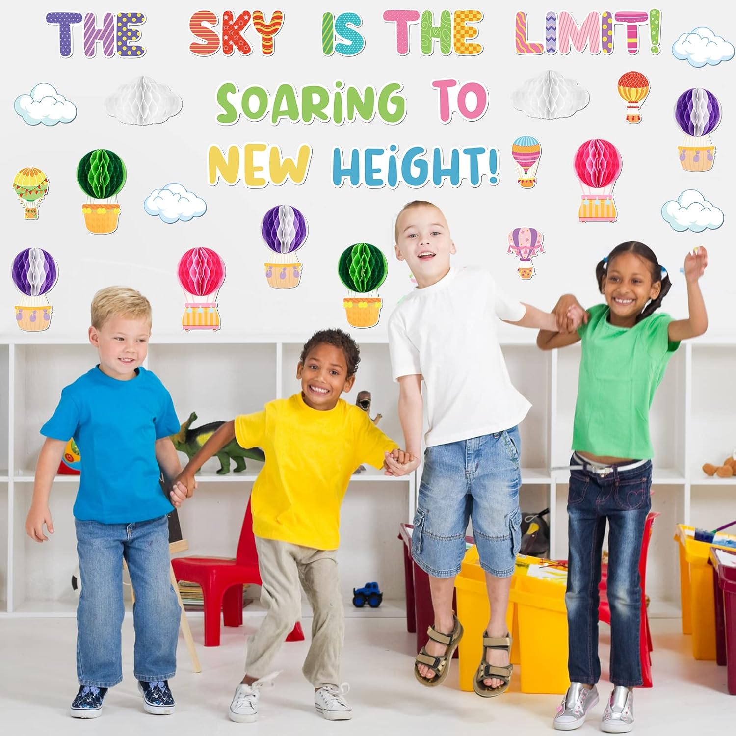 Crtiin 3D Hot Air Balloon Honeycomb Bulletin Board Set for School Classroom Decoration, Balloon Artcraft Cutouts with Honeycomb for Back to School Kindergarten Decor The Sky Is The Limit (Cute)